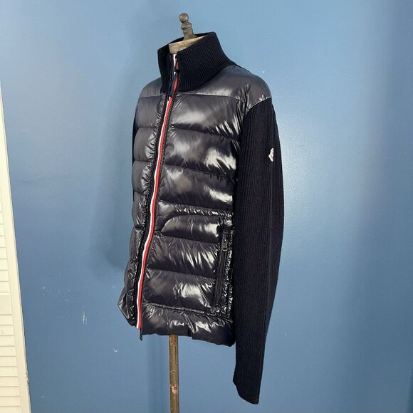 Moncler MAGLIONE Tricot Wool Knit Quilted Down Cardigan Jacket Navy Women Large - Picture 4 of 10